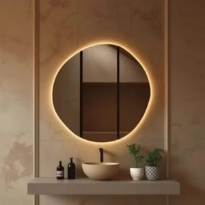 Modern LED Round Mirror – Unique Asymmetrical Wall Mirror for Bathroom & Bedroom