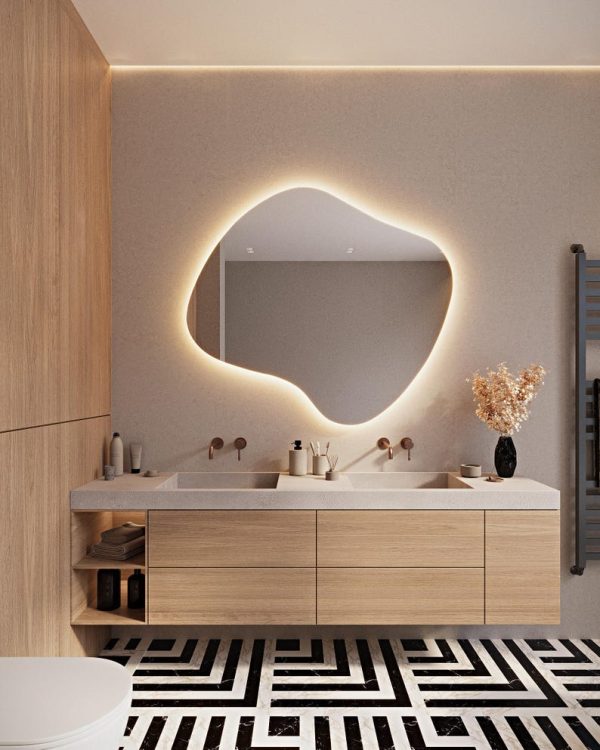 Irregular LED Backlit Mirror – Asymmetrical Lighted Bathroom & Vanity Wall Mirror - Image 3