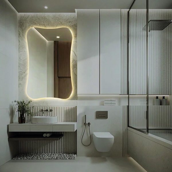 Rectangle Wavy LED Mirror – Modern Backlit Frameless Wall & Vanity Mirror - Image 8