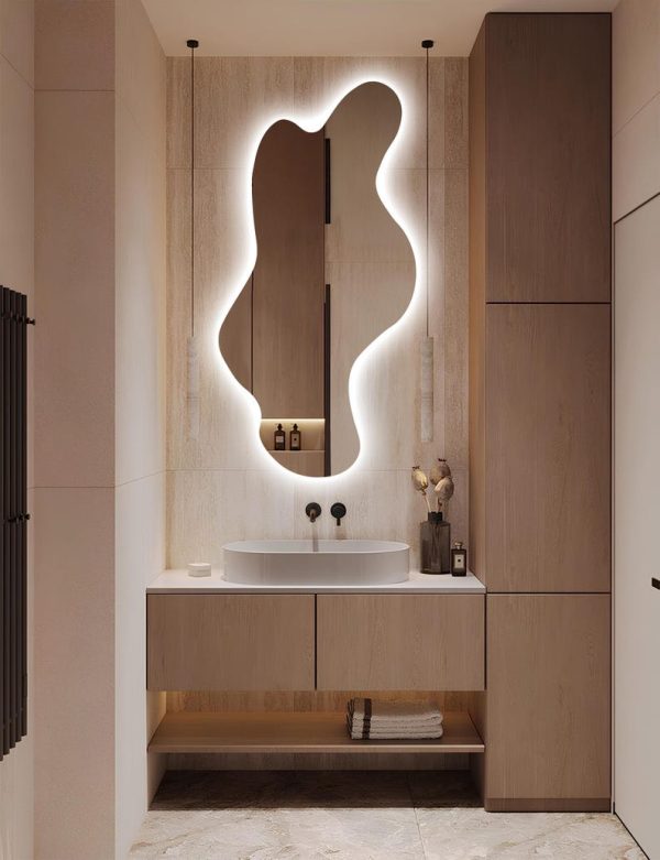 Large Wavy Irregular LED Mirror – Modern Backlit Frameless Bathroom & Wall Decor