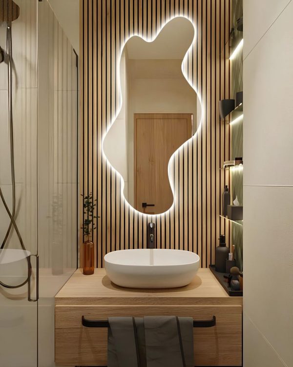 Large Wavy Irregular LED Mirror – Modern Backlit Frameless Bathroom & Wall Decor - Image 4