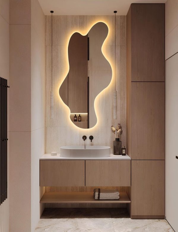 Large Wavy Irregular LED Mirror – Modern Backlit Frameless Bathroom & Wall Decor - Image 2