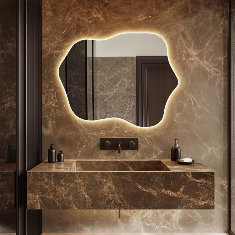 Organic LED Vanity Mirror – Modern Irregular Lighted Bathroom Wall Decor
