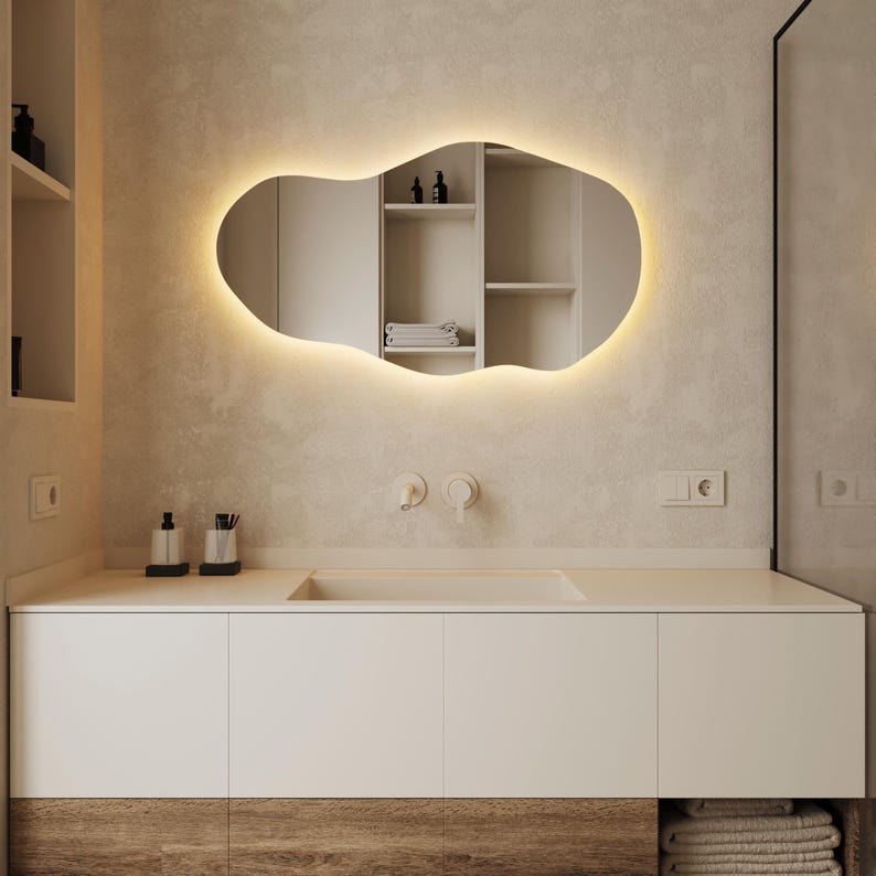 Large Asymmetrical LED Bathroom Mirror – Modern Frameless Hanging Mirror