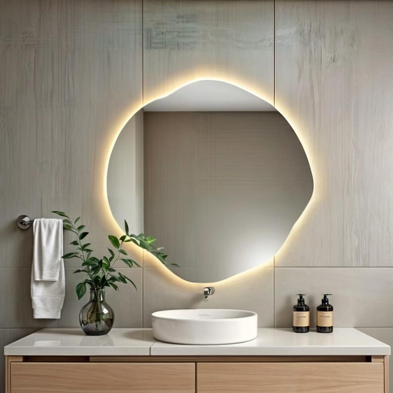 Asymmetric LED Bathroom Mirror – Backlit Irregular Round Vanity Mirror