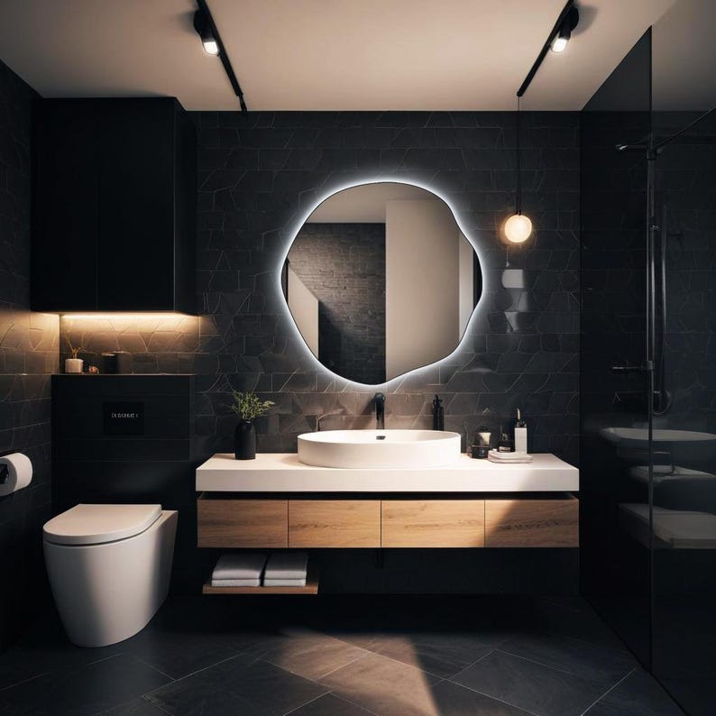 Round LED Bathroom Mirror – Wavy Asymmetrical Backlit Vanity Mirror