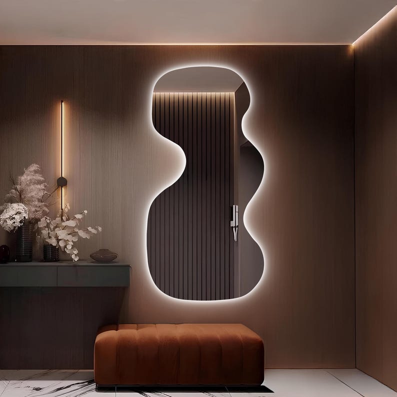 Wavy Asymmetrical LED Mirror – Modern Backlit Wall Decor