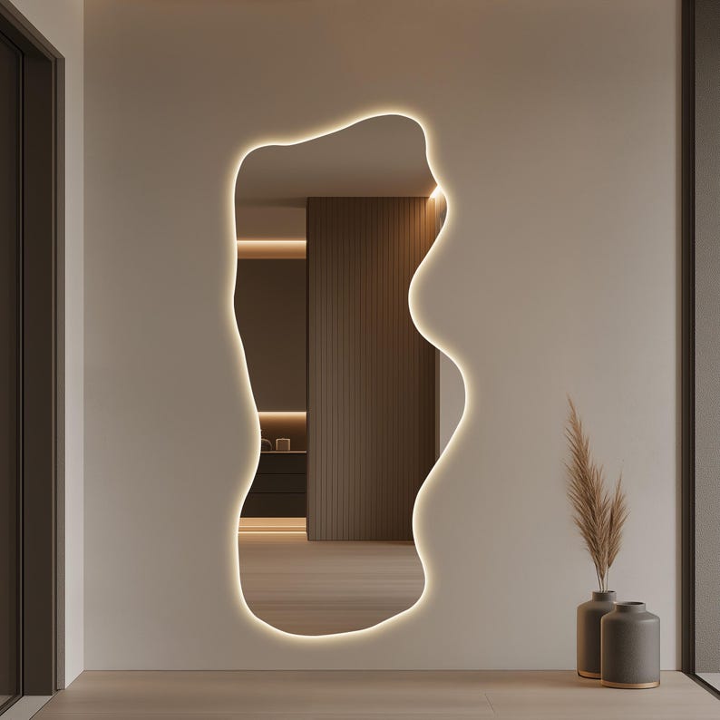 LED Lighted Statement Mirror – Large Asymmetrical Full Length Wall Mirror