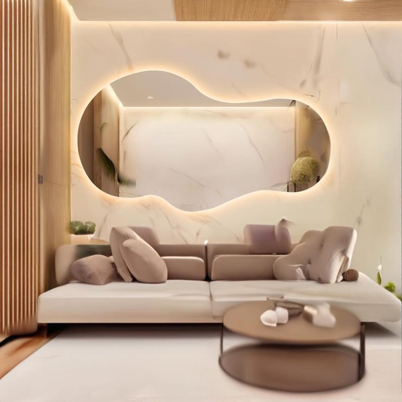 Asymmetrical Large LED Mirror – Tall Irregular Modern Lighted Bathroom Wall Decor